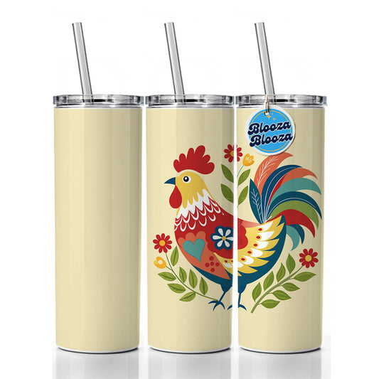 Chicken Rooster Flowers Skinny Tumbler 20oz with Straw Insulated Water Bottle Gift