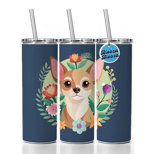 Chihuahua Dog Floral Flowers Skinny Tumbler 20oz with Straw Insulated Water Bottle Gift