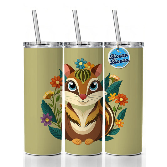 Chipmunk Floral Flowers Skinny Tumbler 20oz with Straw Insulated Water Bottle Gift