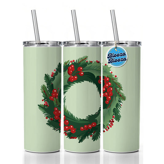 Christmas Wreath Holly Skinny Tumbler 20oz with Straw Insulated Water Bottle Gift