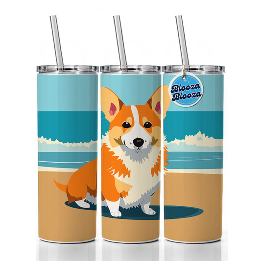 Corgi Dog on the Beach Ocean Skinny Tumbler 20oz with Straw Insulated Water Bottle Gift