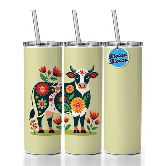 Cow Floral Motif Skinny Tumbler 20oz with Straw Insulated Water Bottle Gift
