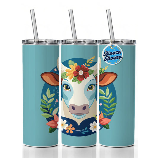 Cow Head Floral Flowers Skinny Tumbler 20oz with Straw Insulated Water Bottle Gift