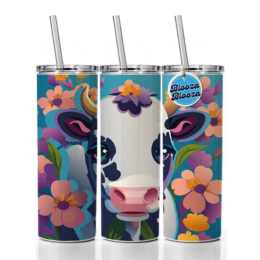 Cow with Flowers Skinny Tumbler 20oz with Straw Insulated Water Bottle Gift