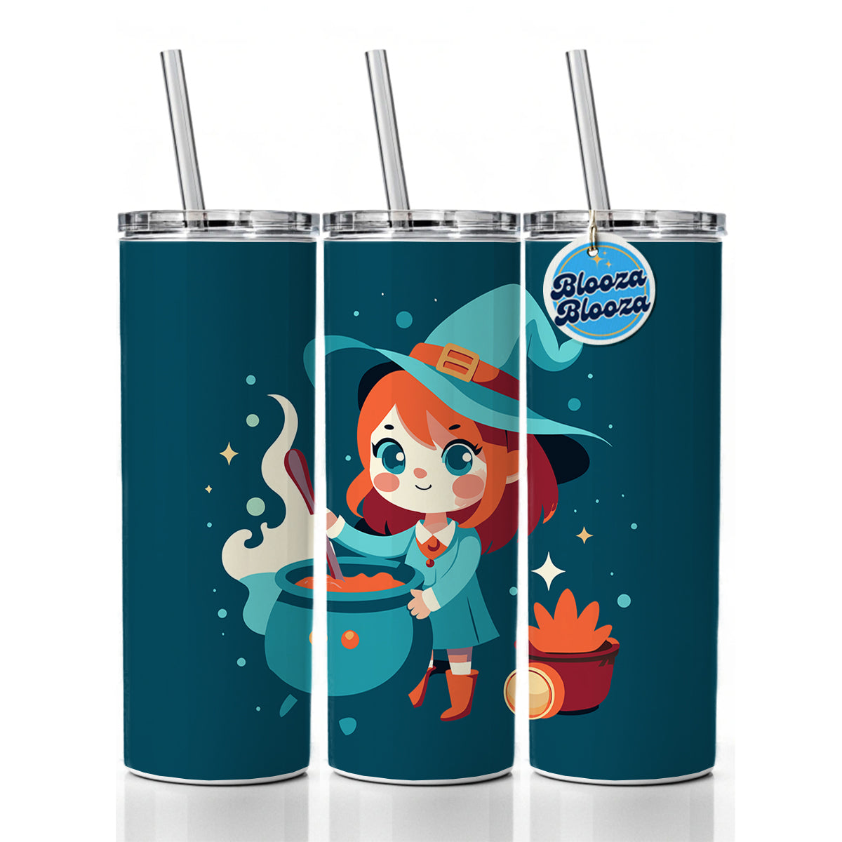 Cute Witch Stirring Cauldron Halloween Skinny Tumbler 20oz with Straw Insulated Water Bottle Gift