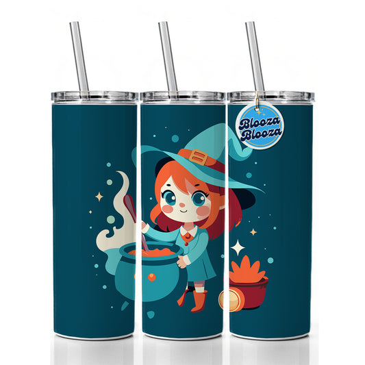 Cute Witch Stirring Cauldron Halloween Skinny Tumbler 20oz with Straw Insulated Water Bottle Gift