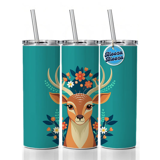 Deer Head Floral Flowers Skinny Tumbler 20oz with Straw Insulated Water Bottle Gift
