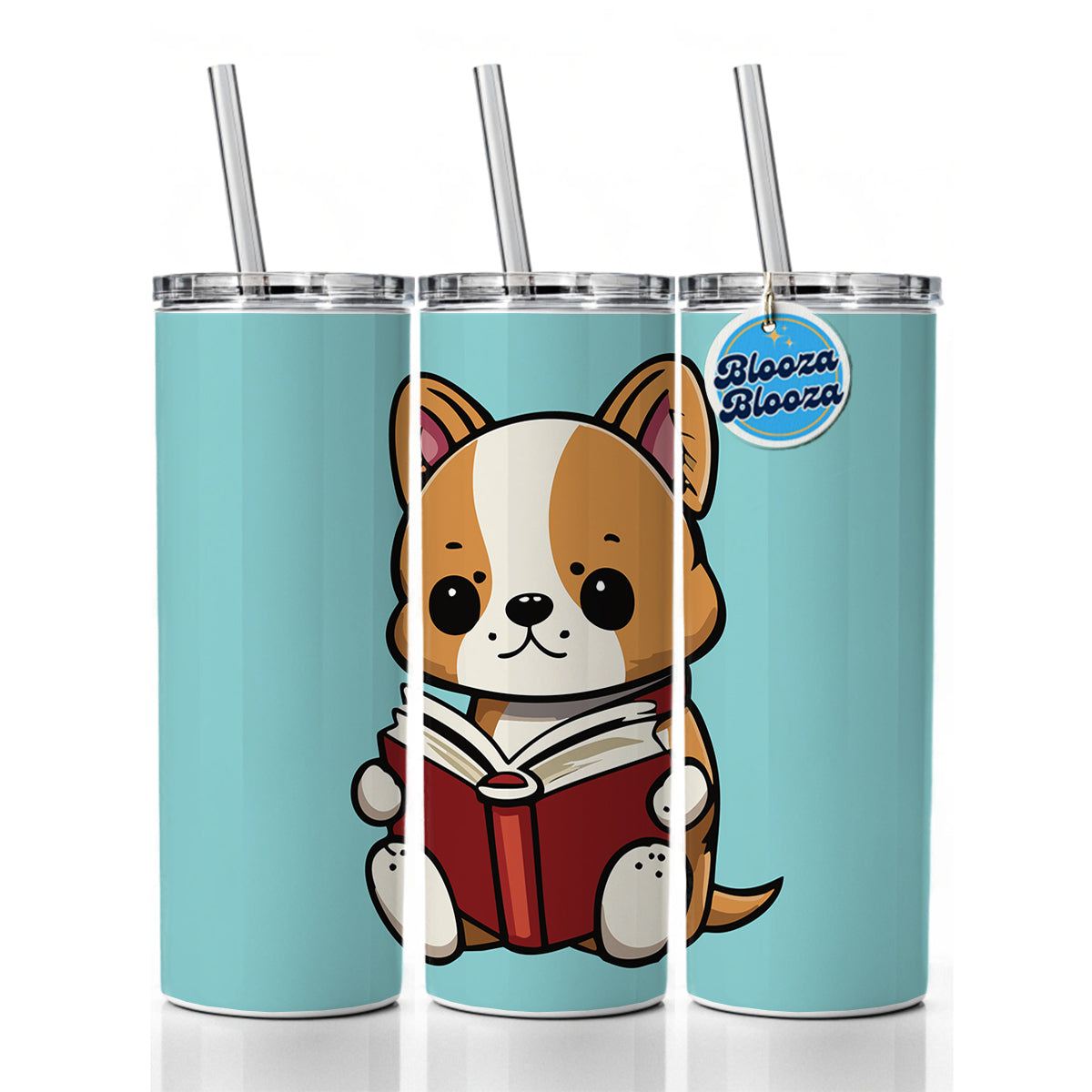 Dog Reading Book Skinny Tumbler 20oz with Straw Insulated Water Bottle Gift