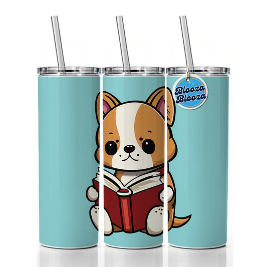 Dog Reading Book Skinny Tumbler 20oz with Straw Insulated Water Bottle Gift
