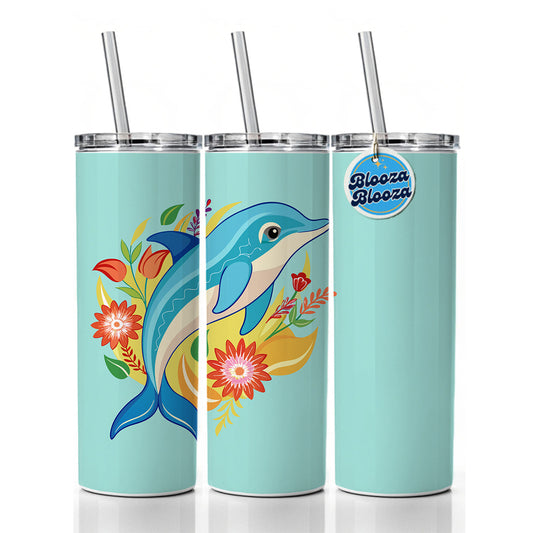 Dolphin Floral Flowers Skinny Tumbler 20oz with Straw Insulated Water Bottle Gift