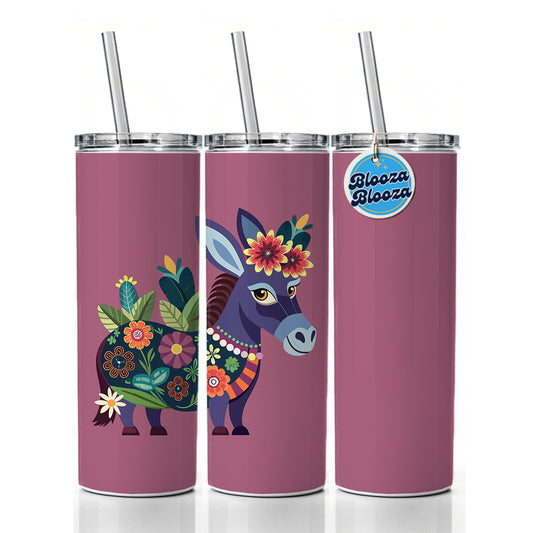 Donkey Floral Flowers Skinny Tumbler 20oz with Straw Insulated Water Bottle Gift