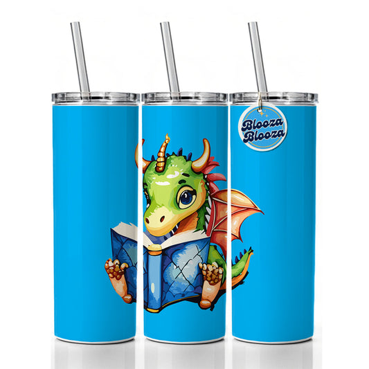Dragon Reading Book Reader Skinny Tumbler 20oz with Straw Insulated Water Bottle Gift