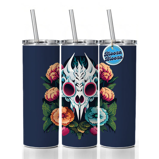 Dragon Skull and Flowers Skinny Tumbler 20oz with Straw Insulated Water Bottle Gift