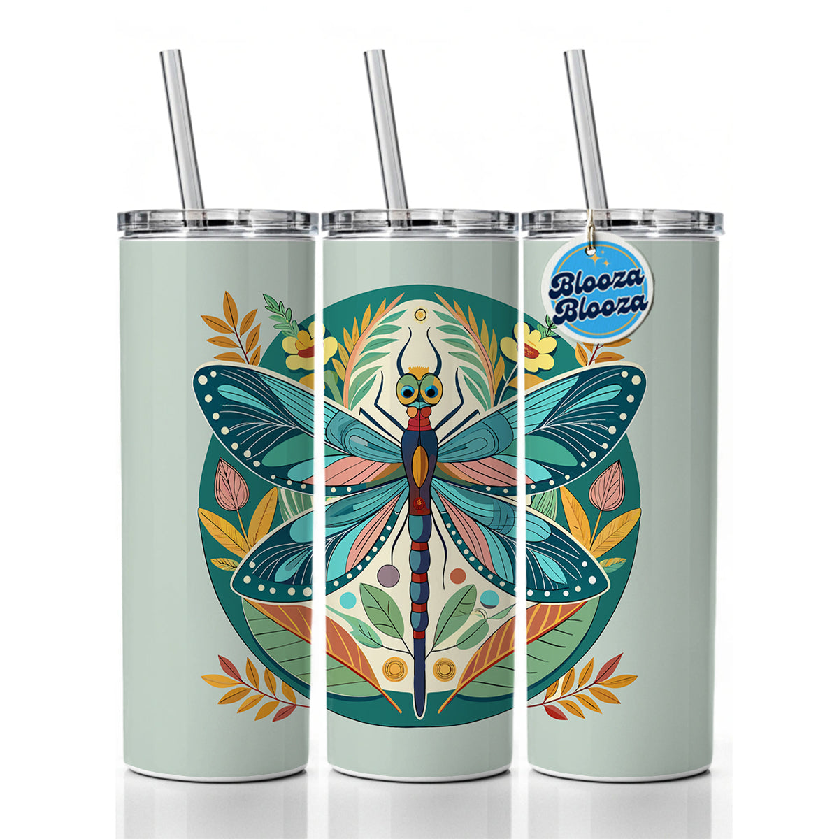 Dragonfly Floral Flowers Skinny Tumbler 20oz with Straw Insulated Water Bottle Gift