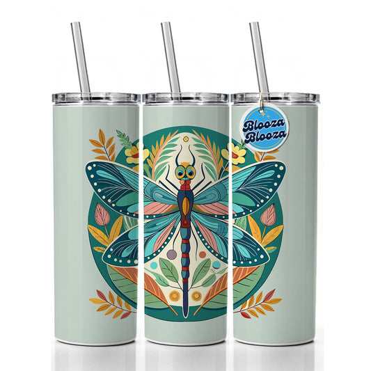 Dragonfly Floral Flowers Skinny Tumbler 20oz with Straw Insulated Water Bottle Gift