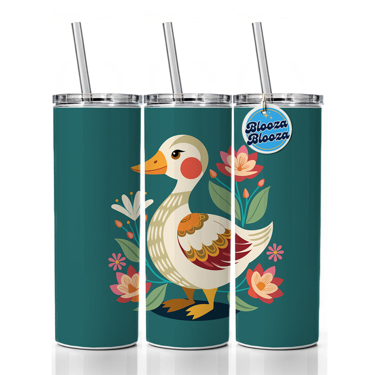 Duck Floral Flowers Skinny Tumbler 20oz with Straw Insulated Water Bottle Gift