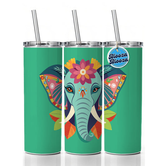 Elephant Head Floral Flowers Skinny Tumbler 20oz with Straw Insulated Water Bottle Gift