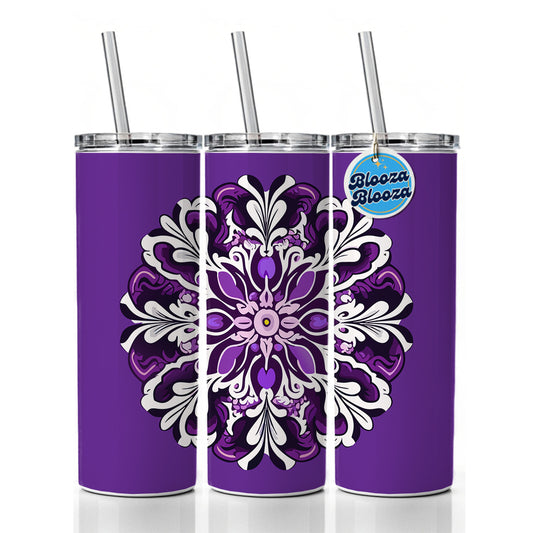 Floral Motif Mandala Purple Beautiful Skinny Tumbler 20oz with Straw Insulated Water Bottle Gift