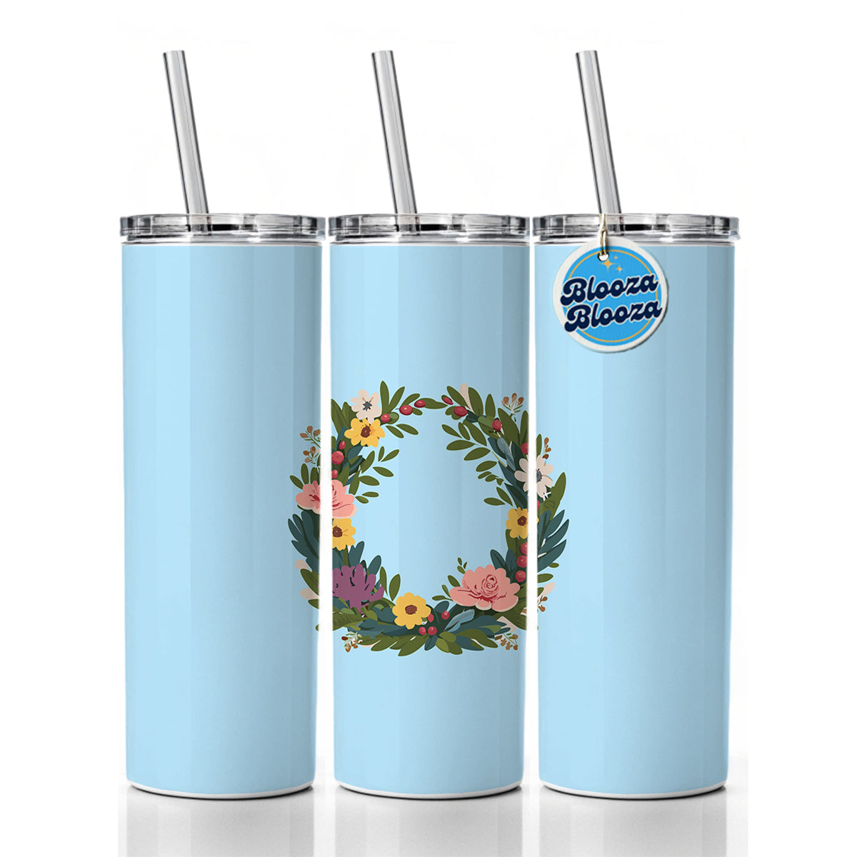 Floral Wreath Flowers Spring Wedding Skinny Tumbler 20oz with Straw Insulated Water Bottle Gift
