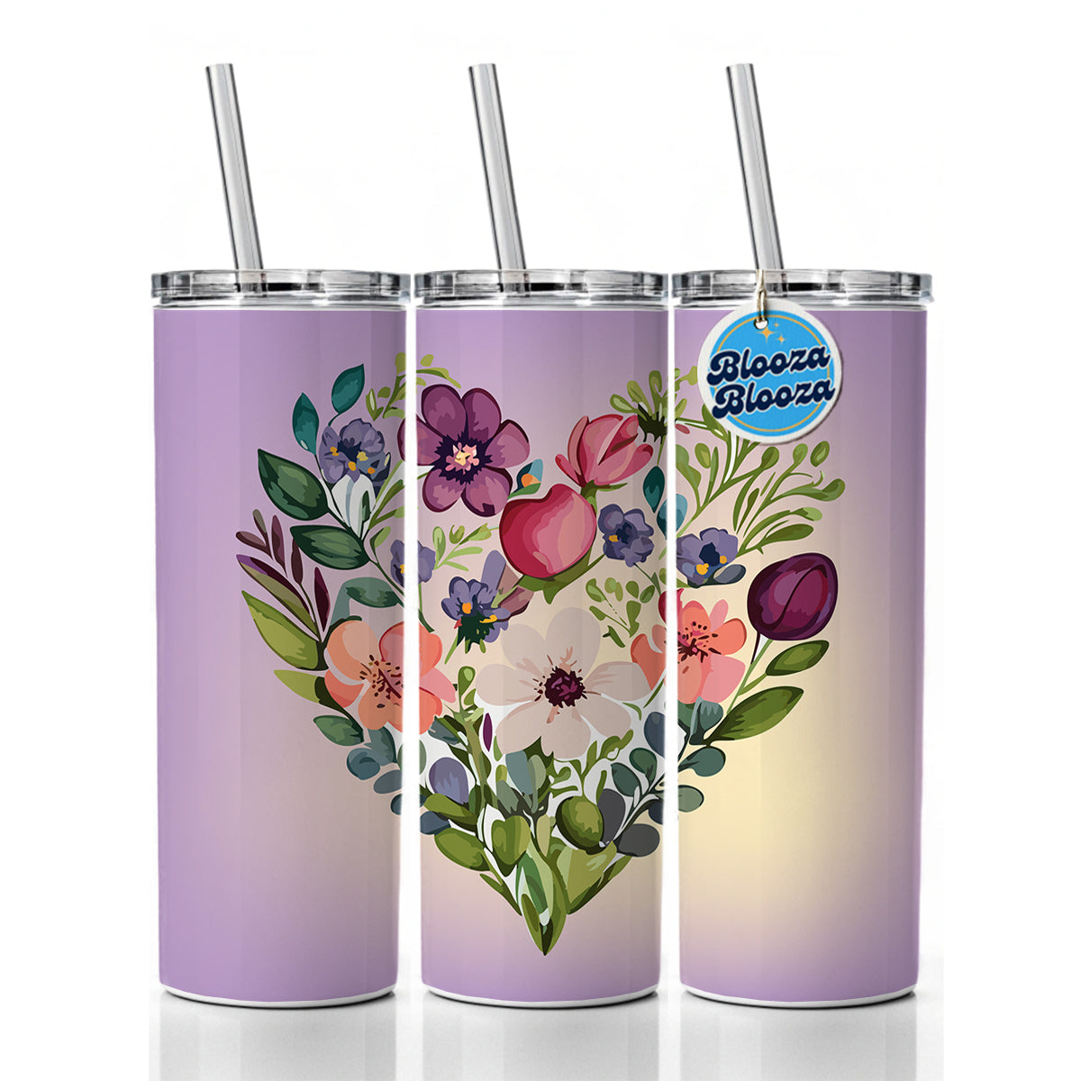 Flower Heart Floral Elegant Wedding Skinny Tumbler 20oz with Straw Insulated Water Bottle Gift