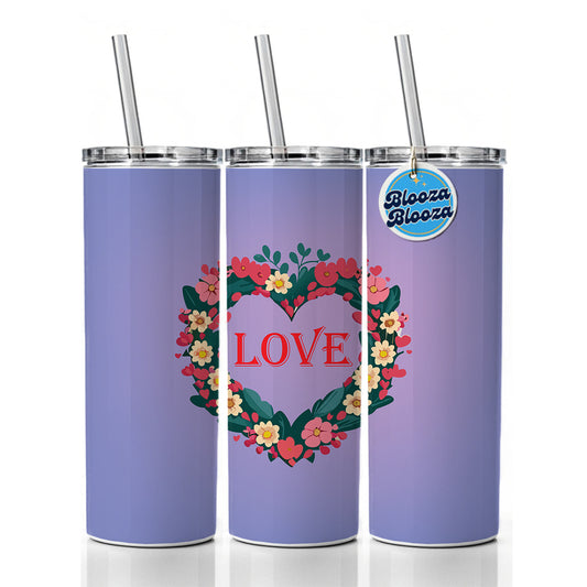 Flower Heart Love Wreath Floral Wedding Beautiful Skinny Tumbler 20oz with Straw Insulated Water Bottle Gift