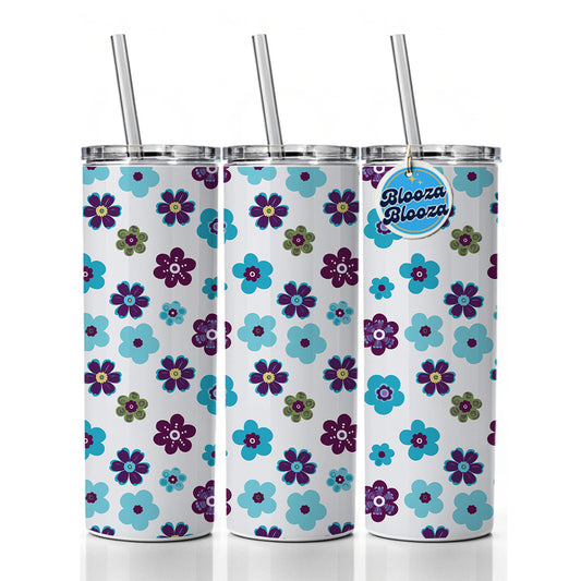Flowers Blue Purple Cute Pattern Skinny Tumbler 20oz with Straw Insulated Water Bottle Gift