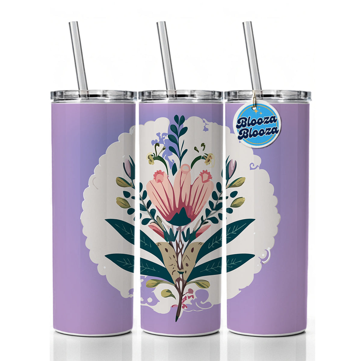 Flowers Floral Motif Bohemian Elegant Wedding Skinny Tumbler 20oz with Straw Insulated Water Bottle Gift