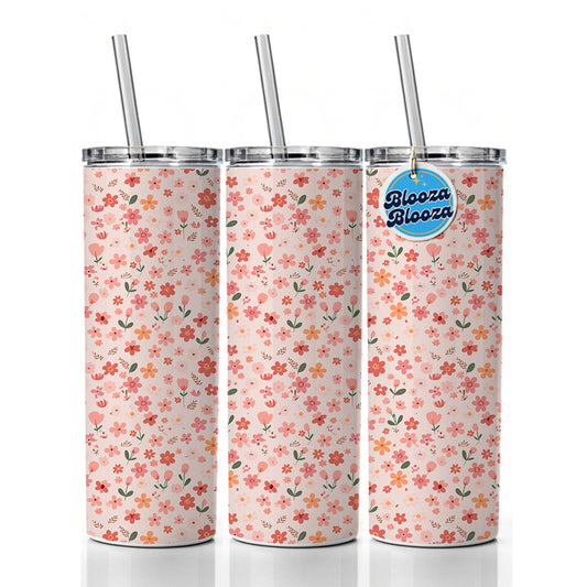 Flowers Peach Pink Cute Pattern Skinny Tumbler 20oz with Straw Insulated Water Bottle Gift