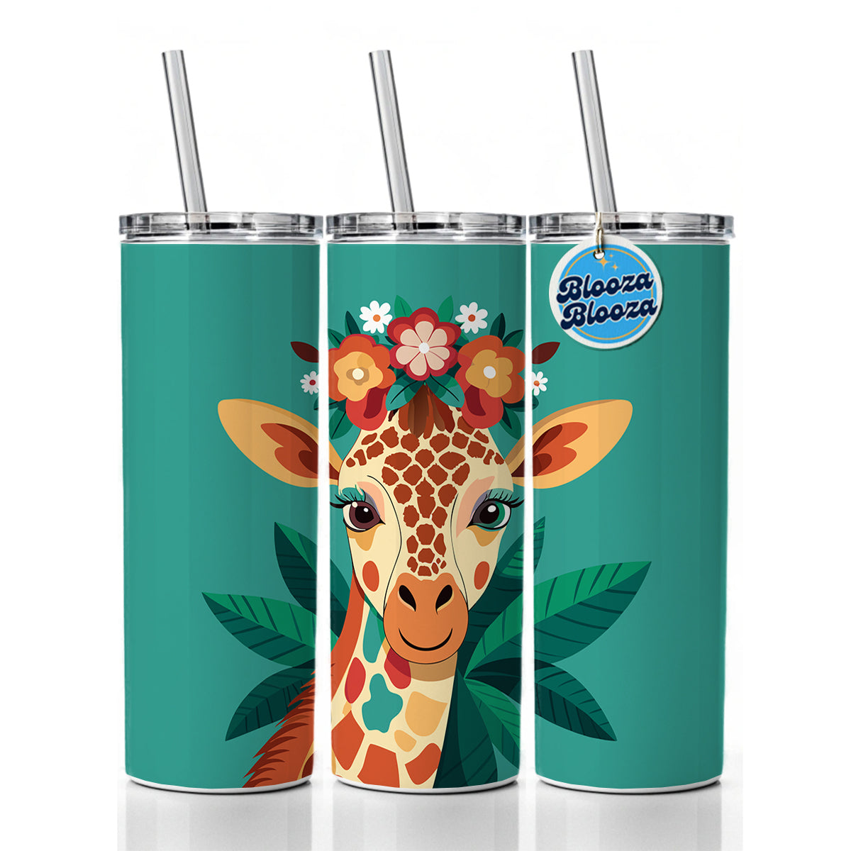Giraffe Head Floral Flowers Skinny Tumbler 20oz with Straw Insulated Water Bottle Gift