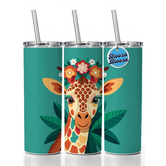 Giraffe Head Floral Flowers Skinny Tumbler 20oz with Straw Insulated Water Bottle Gift