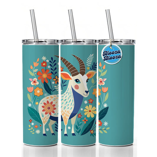 Goat Floral Flowers Skinny Tumbler 20oz with Straw Insulated Water Bottle Gift