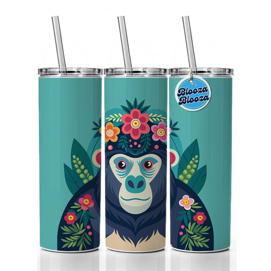 Gorilla Floral Flowers Skinny Tumbler 20oz with Straw Insulated Water Bottle Gift