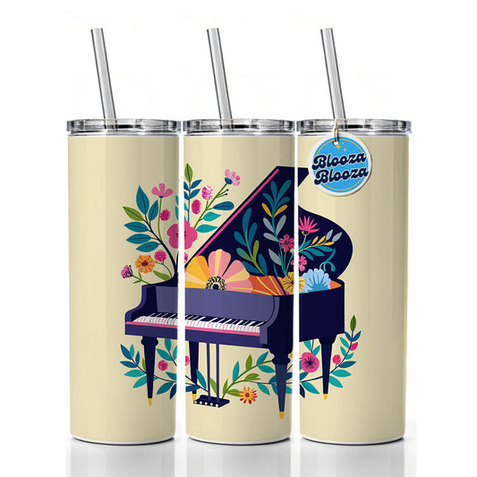 Grand Piano Music Floral Motif Skinny Tumbler 20oz with Straw Insulated Water Bottle Gift