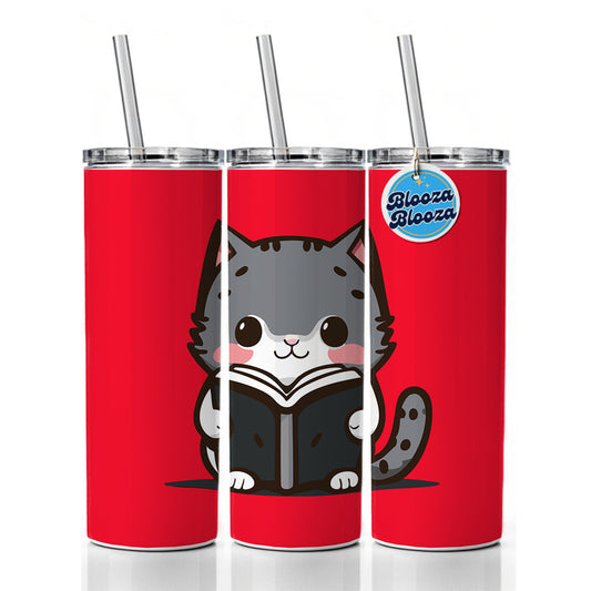 Gray Cat Reading Book Skinny Tumbler 20oz with Straw Insulated Water Bottle Gift