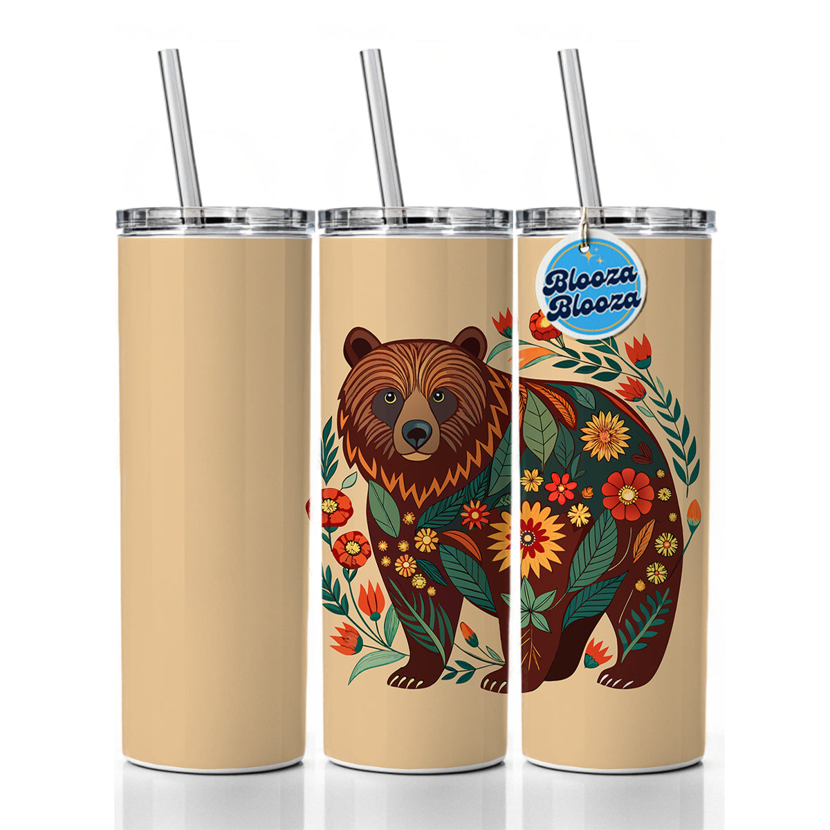 Grizzly Bear Floral Motif Skinny Tumbler 20oz with Straw Insulated Water Bottle Gift