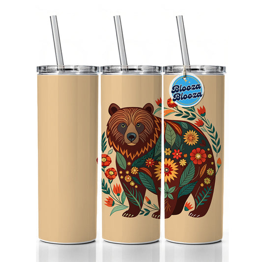 Grizzly Bear Floral Motif Skinny Tumbler 20oz with Straw Insulated Water Bottle Gift