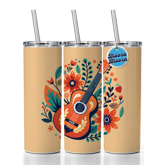 Guitar Music Floral Motif Skinny Tumbler 20oz with Straw Insulated Water Bottle Gift