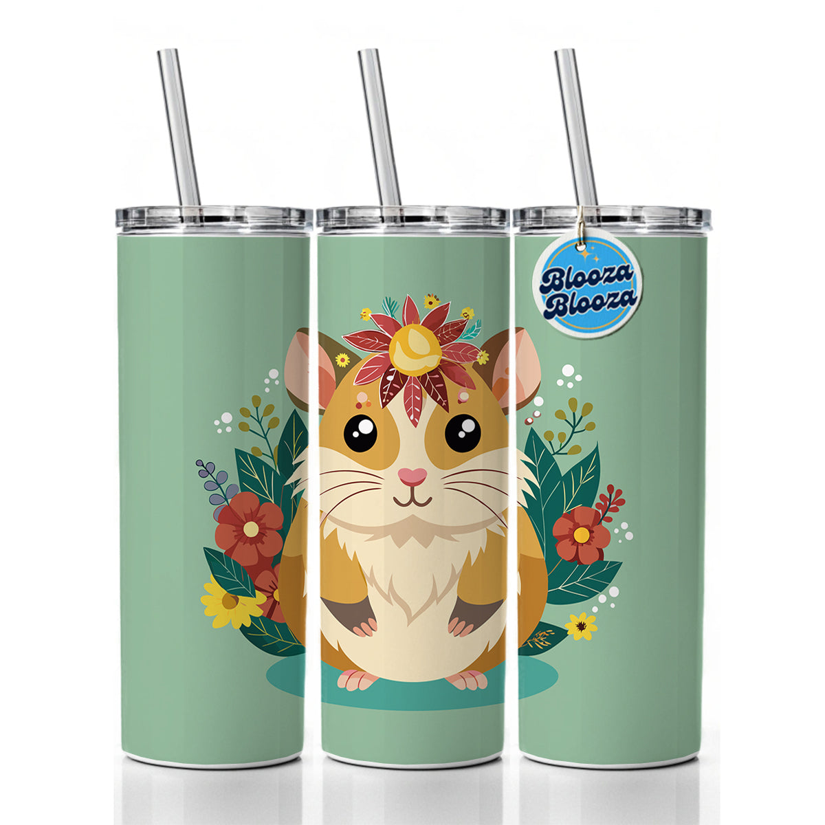 Hamster Floral Flowers Skinny Tumbler 20oz with Straw Insulated Water Bottle Gift
