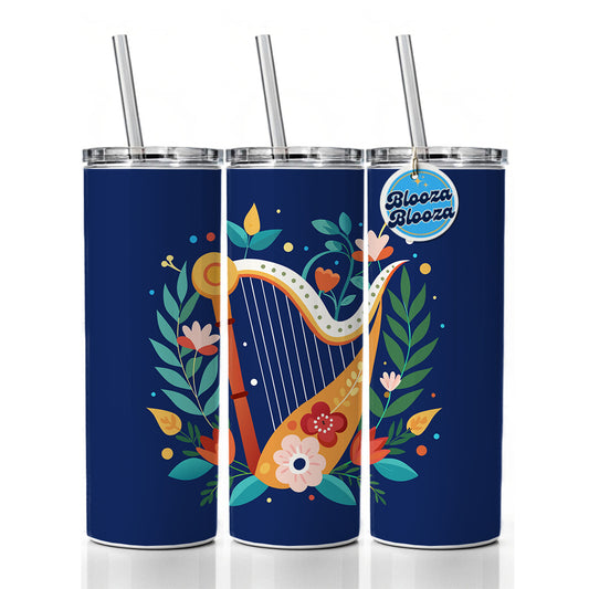 Harp Music Floral Motif Skinny Tumbler 20oz with Straw Insulated Water Bottle Gift