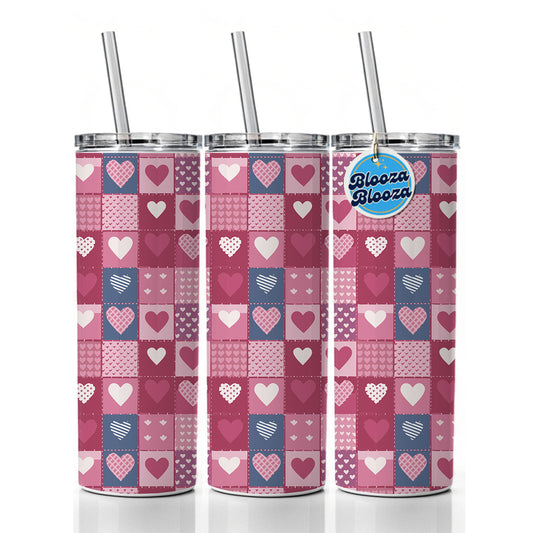 Hearts Quilt Valentines Day Anniversary Love Wedding Pattern Skinny Tumbler 20oz with Straw Insulated Water Bottle Gift