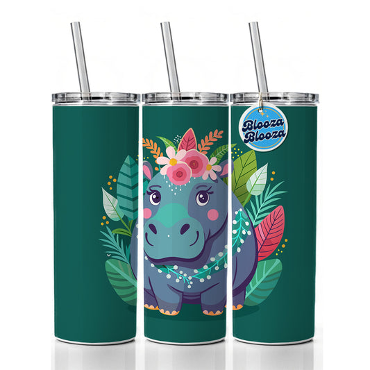 Hippopotamus Floral Flowers Skinny Tumbler 20oz with Straw Insulated Water Bottle Gift