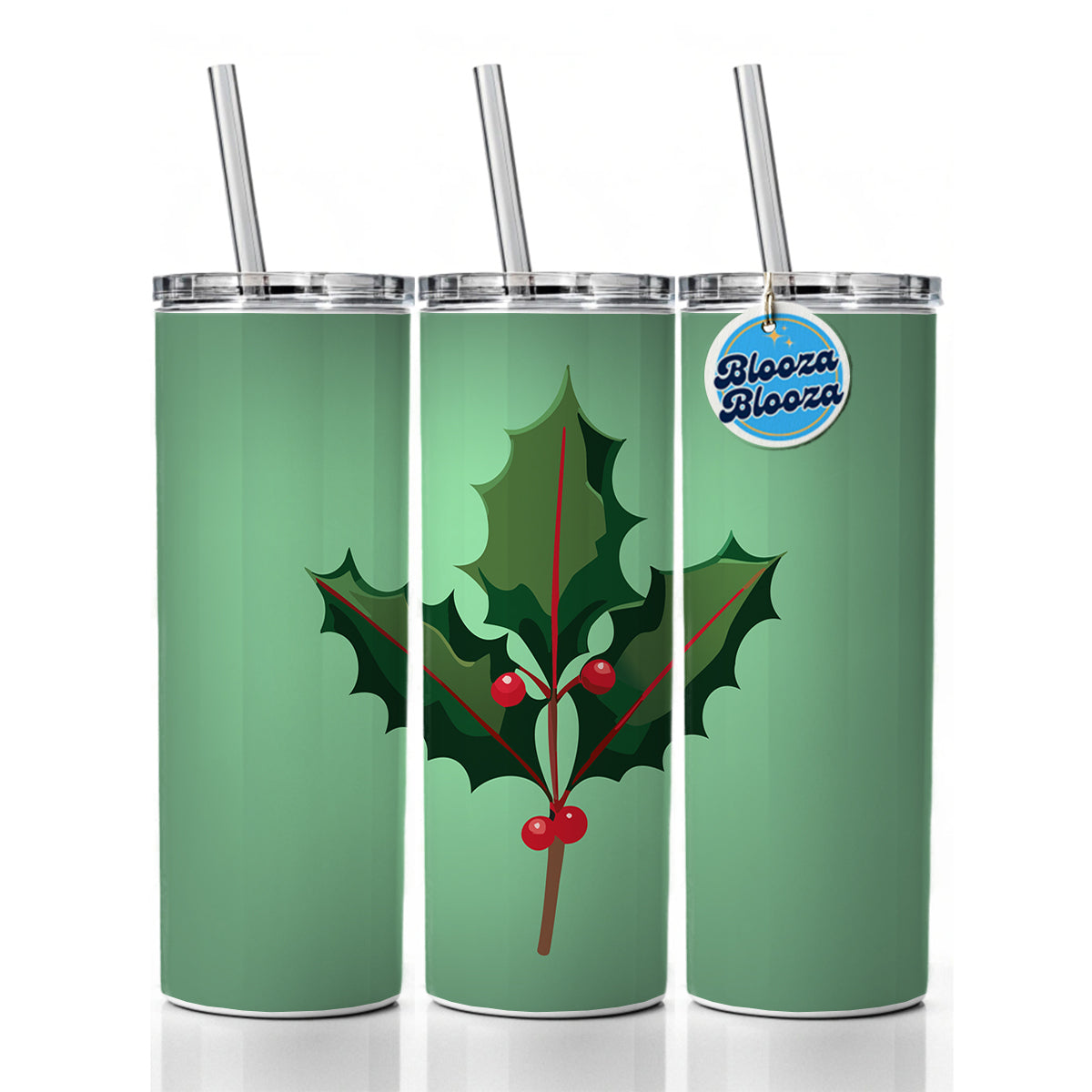 Holly Christmas Greenery Skinny Tumbler 20oz with Straw Insulated Water Bottle Gift