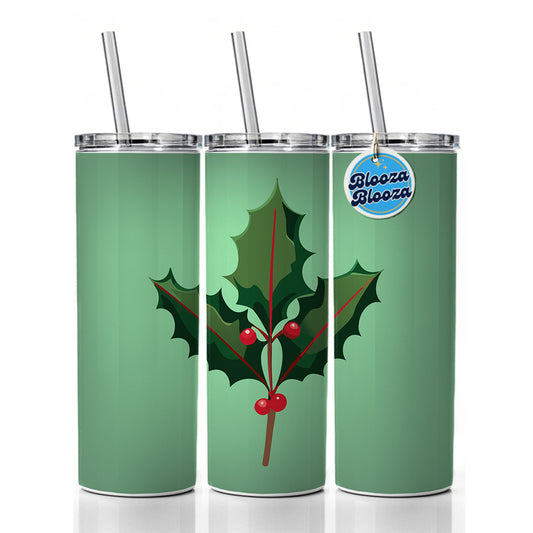 Holly Christmas Greenery Skinny Tumbler 20oz with Straw Insulated Water Bottle Gift