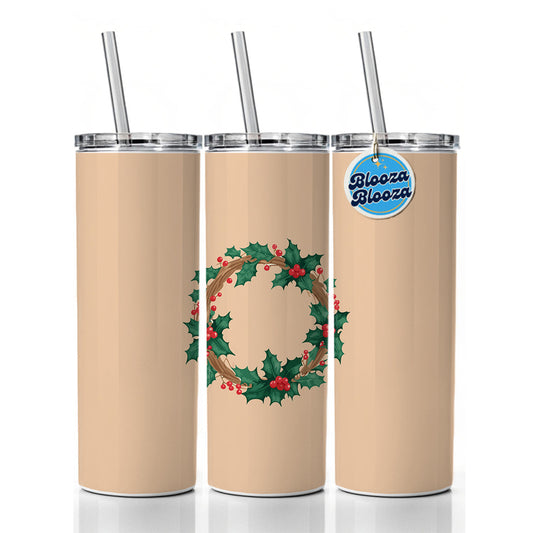 Holly Christmas Wreath Watercolor Skinny Tumbler 20oz with Straw Insulated Water Bottle Gift
