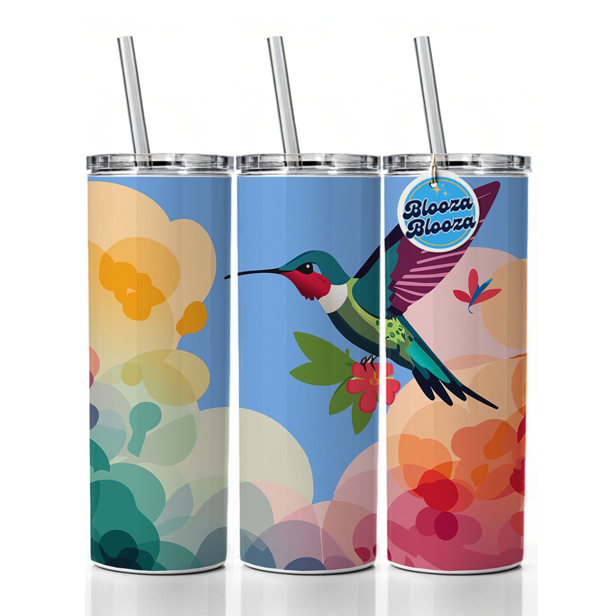 Hummingbird Colorful with Flowers Skinny Tumbler 20oz with Straw Insulated Water Bottle Gift