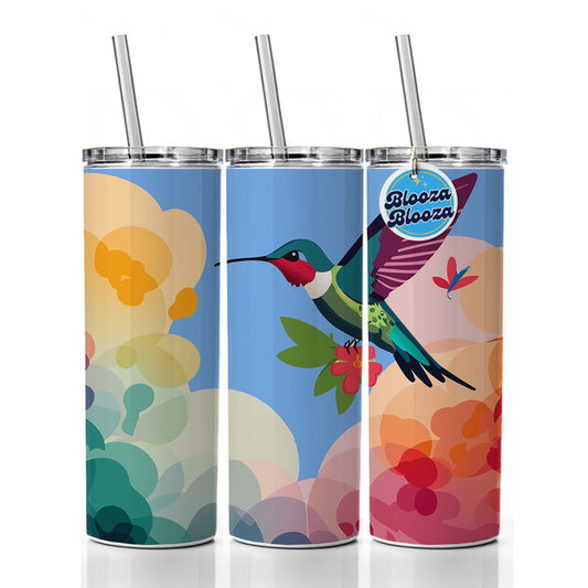 Hummingbird Colorful with Flowers Skinny Tumbler 20oz with Straw Insulated Water Bottle Gift