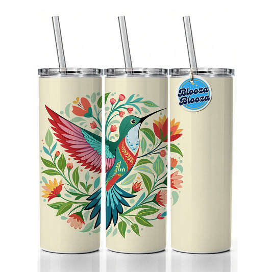 Hummingbird Floral Flowers Skinny Tumbler 20oz with Straw Insulated Water Bottle Gift