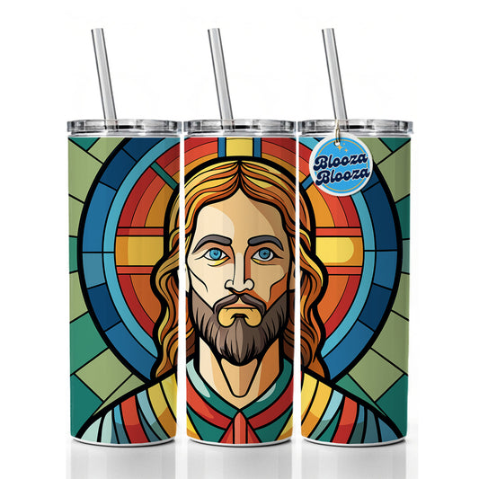 Jesus Stained Glass Christian Religious Catholic Skinny Tumbler 20oz with Straw Insulated Water Bottle Gift