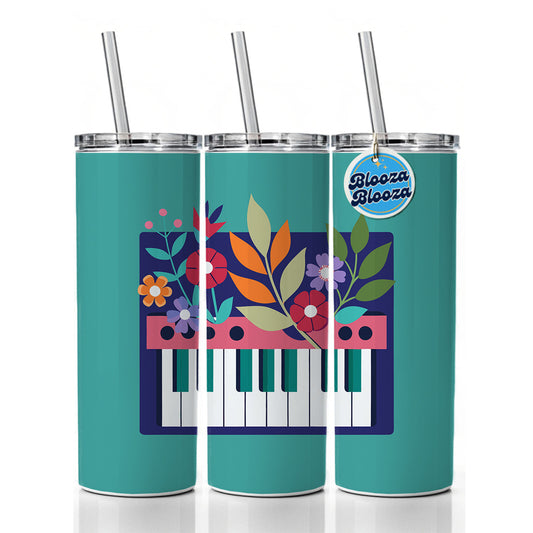 Keyboard Piano Music Floral Motif Skinny Tumbler 20oz with Straw Insulated Water Bottle Gift