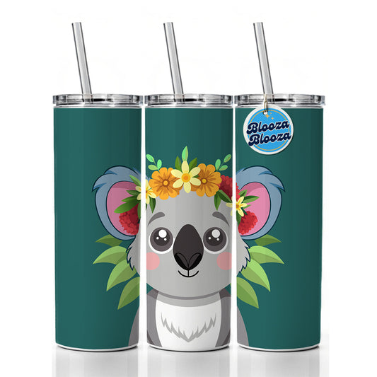 Koala Head Floral Flowers Skinny Tumbler 20oz with Straw Insulated Water Bottle Gift